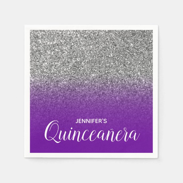 Violet Lila och Silver Glitter Ombre Quinceanera Pappersservett (Framsidan)