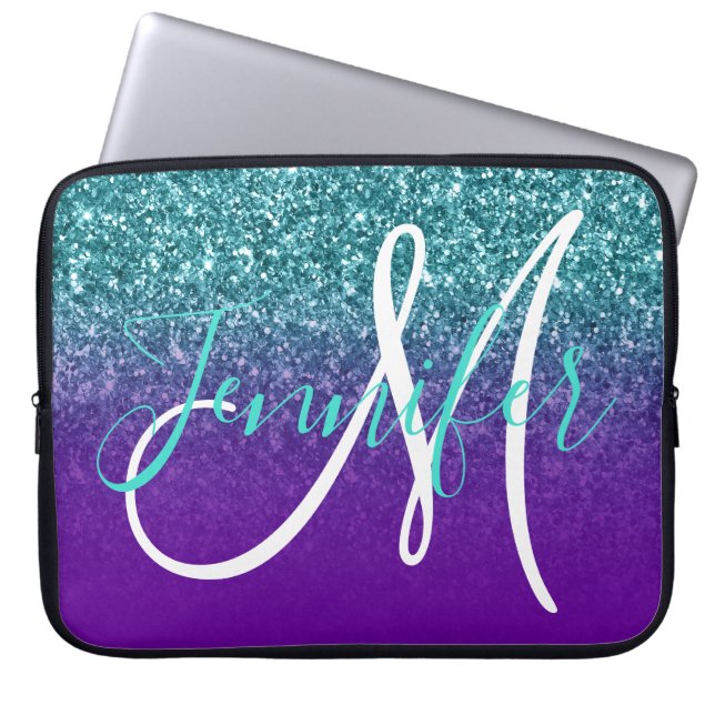 Violet Lila och Teal Ombre Glitter Monogrammed Laptop Fodral (Framsidan)