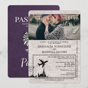 Violet Lila Poland Passport Wedding bjudande Inbjudningar