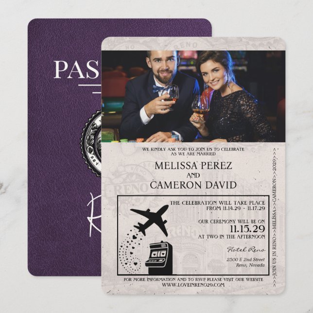 Violet Lila Reno Passport Wedding bjudande Inbjudningar (Fram/baksida)