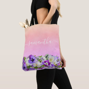 Violet lila rosa ros guld blommigt namn tygkasse