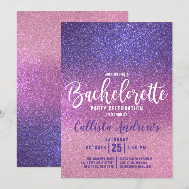 Violet Lila Rosa Triple Glitter Bachelorette Inbjudningar (Fram/baksida)