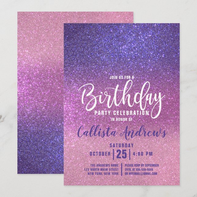 Violet Lila Rosa Triple Glitter Ombre Birthday Inbjudningar (Fram/baksida)