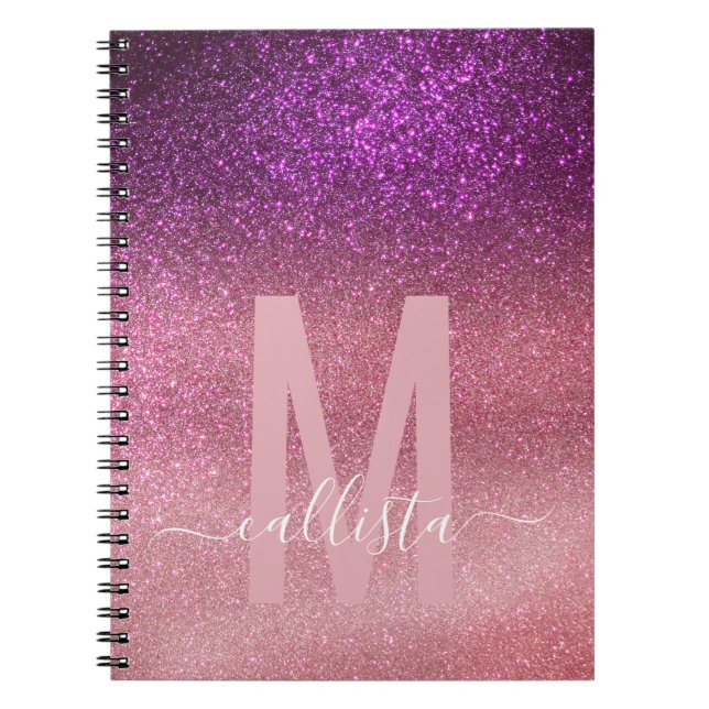 Violet Lila Rosa Triple Glitter Ombre Monogram Anteckningsbok (Framsidan)