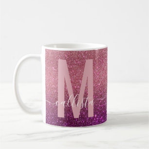 Violet Lila Rosa Triple Glitter Ombre Monogram Kaffemugg