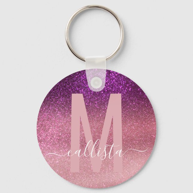 Violet Lila Rosa Triple Glitter Ombre Monogram Nyckelring (Framsida)