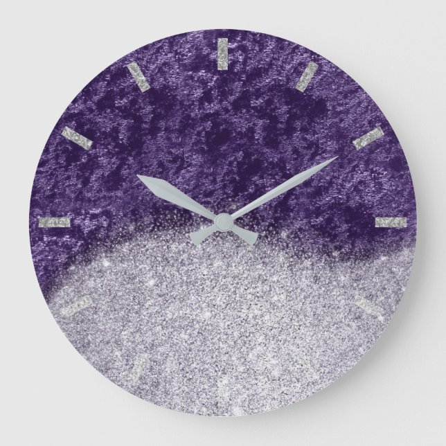 Violet Lila Silver Grått Velvet Eggplant Glitter Stor Klocka (Framsida)