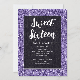 Violet lila sparkles Sweet 16 elegant script Inbjudningar