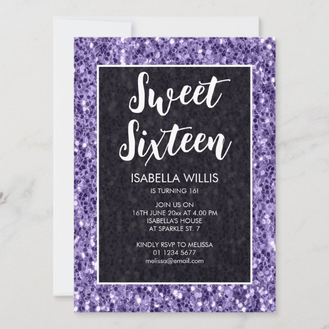 Violet lila sparkles Sweet 16 elegant script Inbjudningar (Framsida)