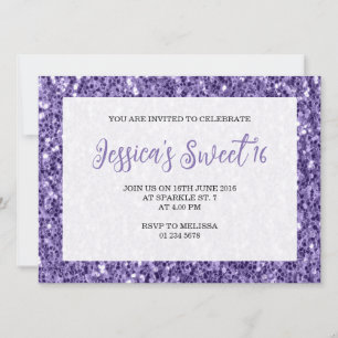 Violet lila sparkles Sweet 16 elegant script Inbjudningar