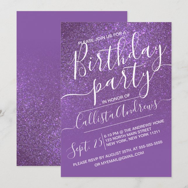 Violet Lila Sparkly Glitter Ombre Birthday Inbjudningar (Fram/baksida)