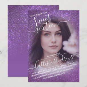 Violet Lila Sparkly Glitter Ombre Photo Sweet 16 Inbjudningar