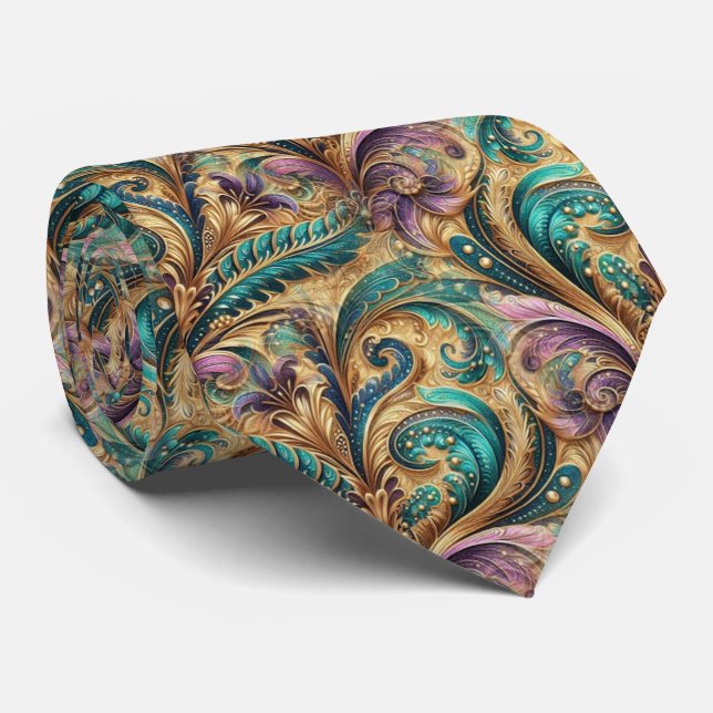 Violet Lila Teal Blue Grönt Guld Paisley Mönster Slips (Rullad)