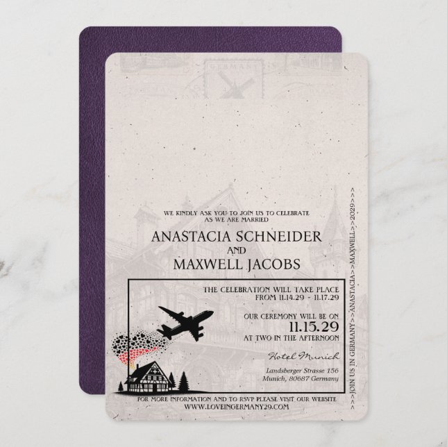Violet Lila Tyskland Passport Bröllop Inbjudningar (Fram/baksida)