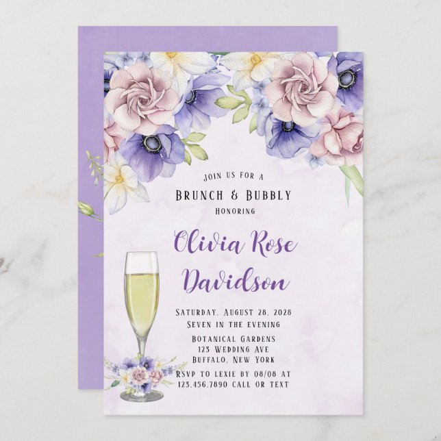 Violet Lila Watercolor Blommigts Brunch & Bubly Inbjudningar (Fram/baksida)