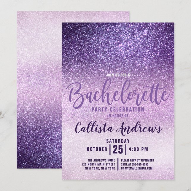 Violet Lilac Lila Triple Glitter Bachelorette Inbjudningar (Fram/baksida)