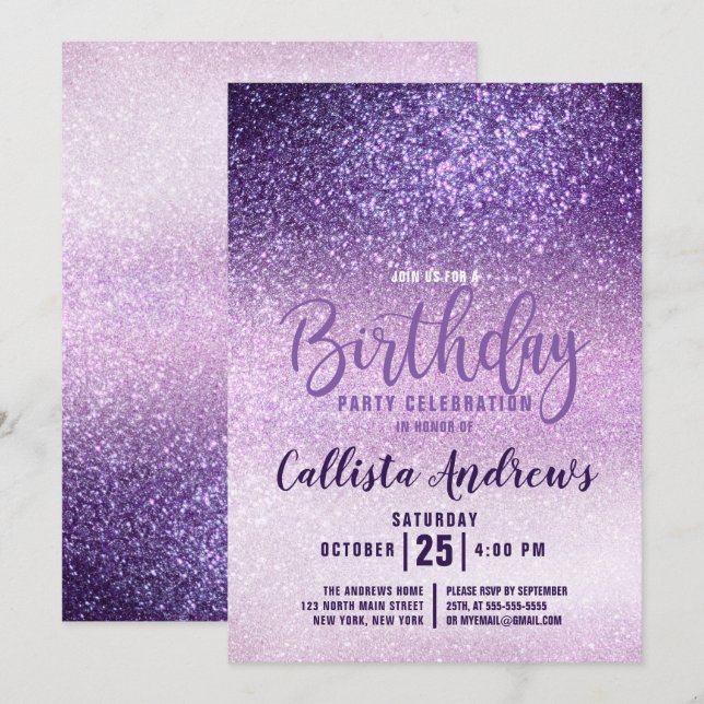 Violet Lilac Lila Triple Glitter Ombre Birthday Inbjudningar (Fram/baksida)