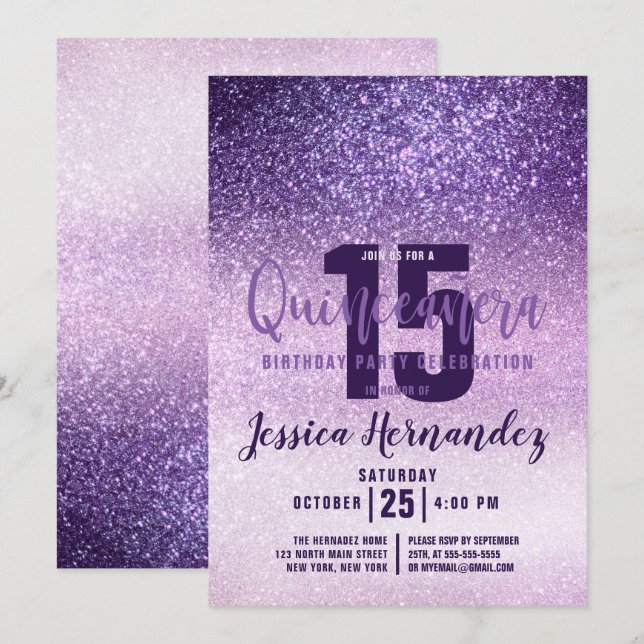 Violet Lilac Lila Triple Glitter Quinceañera Inbjudningar (Fram/baksida)