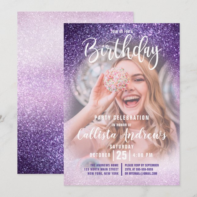 Violet Lilac Triple Glitter Ombre Photo Birthday Inbjudningar (Fram/baksida)
