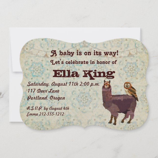 Violet Llama & Uggla Blommigt Baby inbjudan (Framsida)