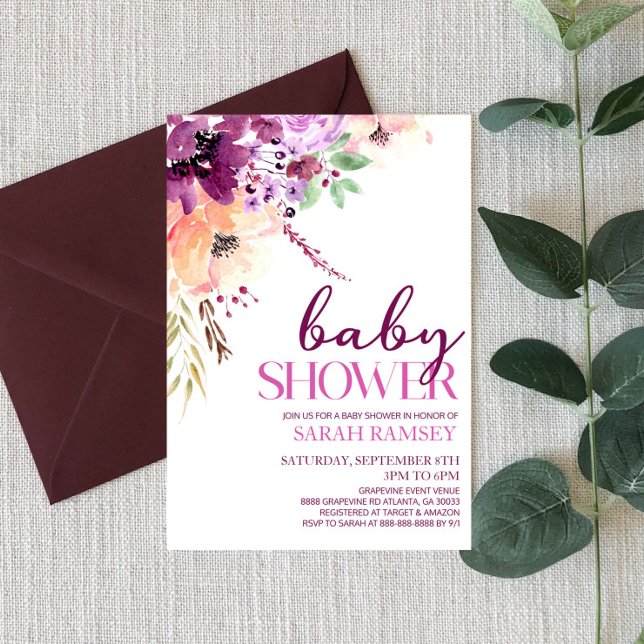 Violet Magenta Fall Blommigt Flowers Baby Shower Inbjudningar (Skapare uppladdad)
