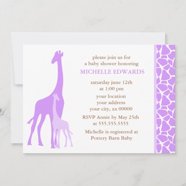 Violet Mamma och Baby Giraffe Baby Shower Inbjudningar (Framsida)