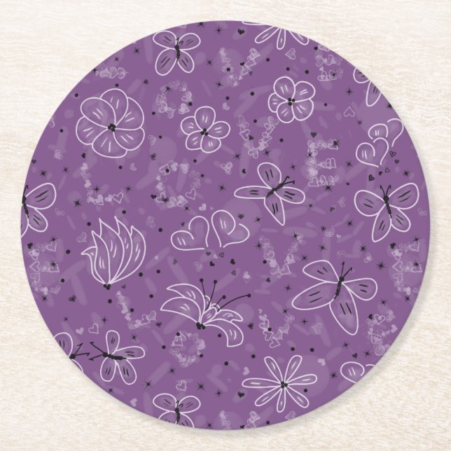 Violet Mauve Butterfly KÄRLEK - sömlös mönster. Underlägg Papper Rund (Framsidan)