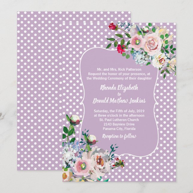 Violet med White Polka dots och Flowers Bröllop Inbjudningar (Fram/baksida)
