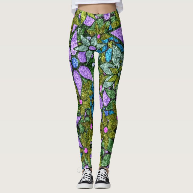 Violet Mint Grönt Blommigt Leggings (Framsida)