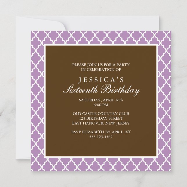 Violet och Brown Elegant Quatrefoil Birthday Inbjudningar (Framsida)