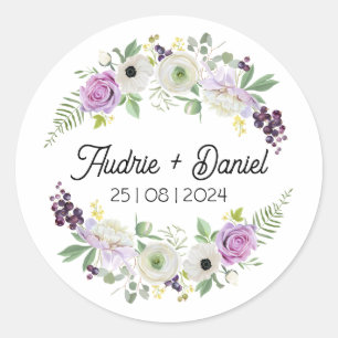Violet och Grönt Rustic Flowers Bröllop Sticker Runt Klistermärke