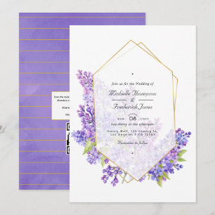 Violet och Guld Herbarium QR Code OSA Bröllop Inbjudningar