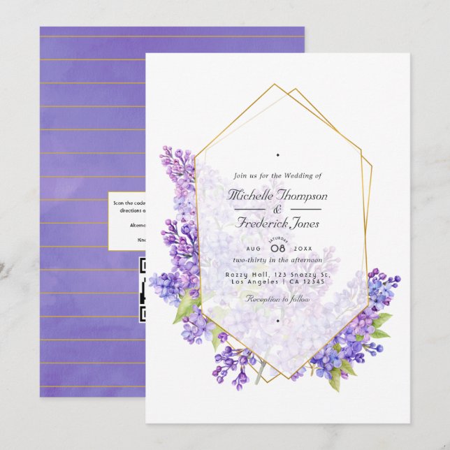 Violet och Guld Herbarium QR-kod RSVP Bröllop Inbjudningar (Fram/baksida)