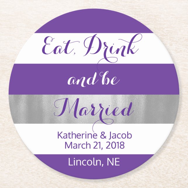 Violet och White Stripe Bröllop Papper Underlägg 2 Rund (Framsidan)