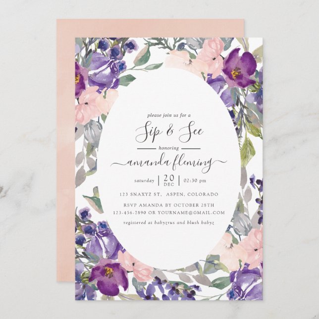Violet, plommon och  Blommigt Sip och See Inbjudningar (Fram/baksida)