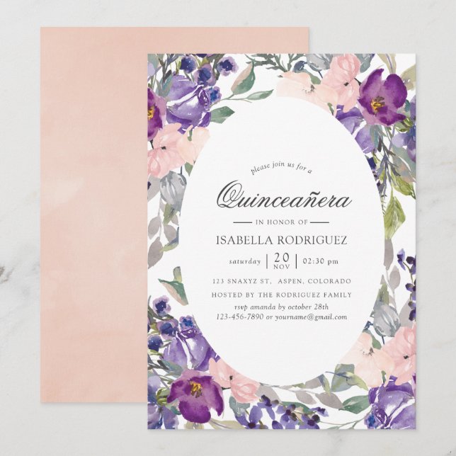 Violet, Plommon och Rosafärgade Blommiga Quinceañe Inbjudningar (Fram/baksida)