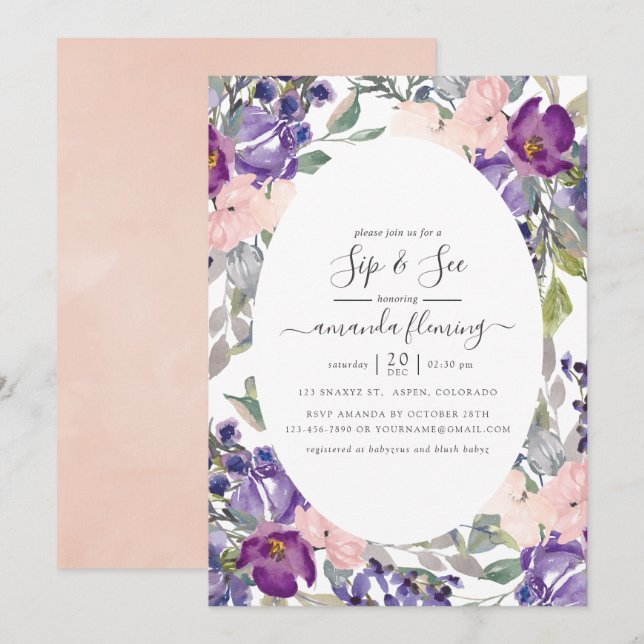 Violet, Plommon och Rosafärgade Blommor Drick och  Inbjudningar (Fram/baksida)
