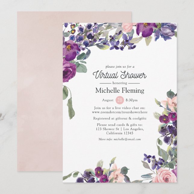 Violet, plommon och  Virtuella Baby eller Möhippa Inbjudningar (Fram/baksida)