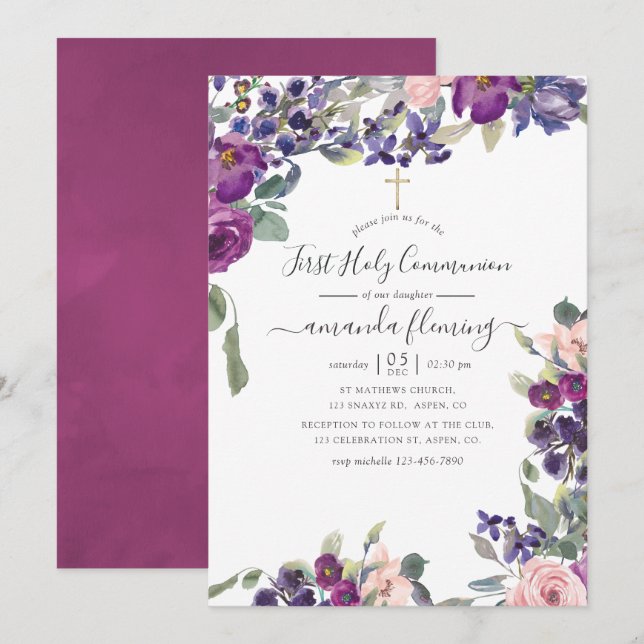 Violet, Plum och Blush Blommig Första Nattvarden Inbjudningar (Fram/baksida)