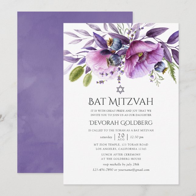 Violet Poppy Blommig Bat Mitzvah Inbjudningar (Fram/baksida)