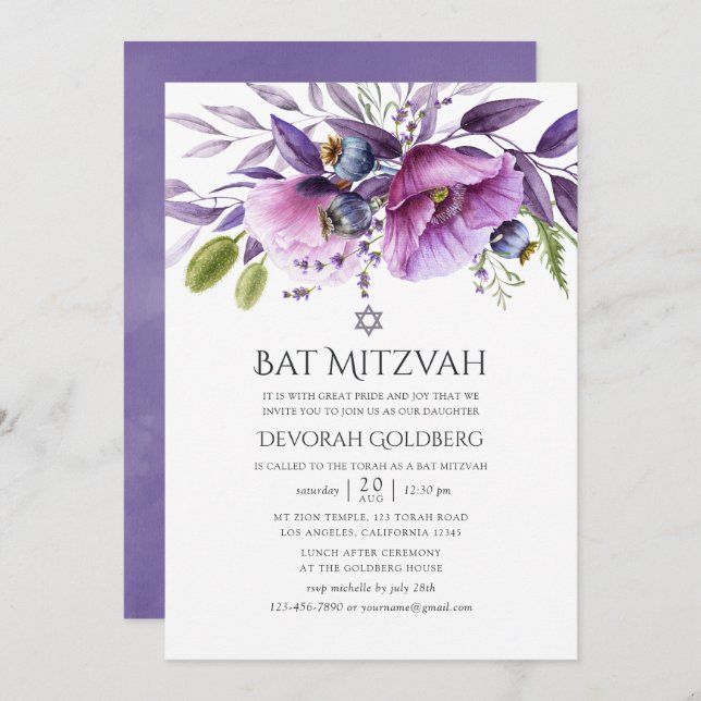 Violet Poppy Blommigt Bat mitzvah Inbjudningar (Fram/baksida)