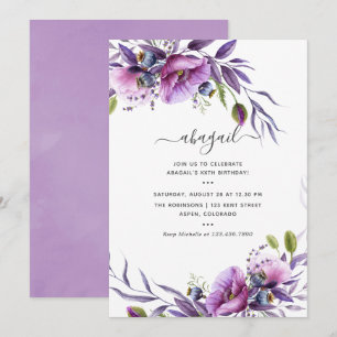 Violet Purpur Vallmo Blommig Födelsedag Inbjudningar