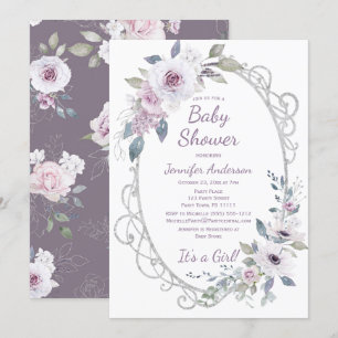 Violet Ro Blommigt Silver Glitter Flickor Shower Inbjudningar
