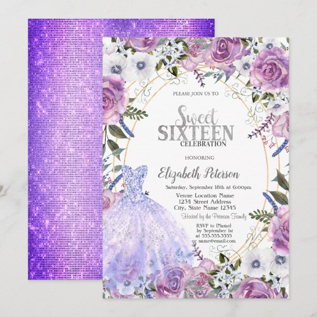 Violet Ro Dress Sequins Sweet 16 Inbjudningar (Fram/baksida)