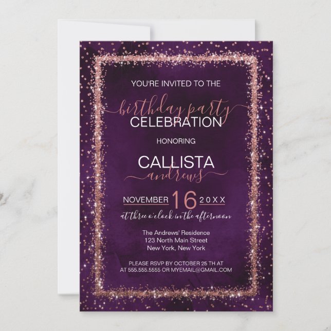 Violet Ro Guld Sprinkled Confetti Birthday Inbjudningar (Framsida)