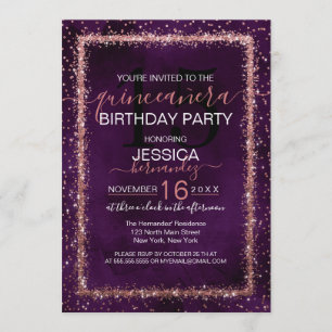 Violet Ro Guld Sprinkled Confetti Quinceañera Inbjudningar