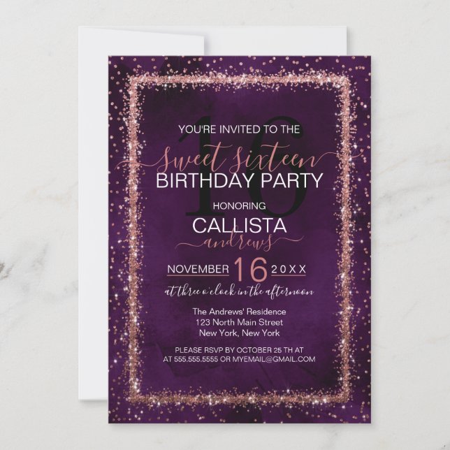 Violet Ro Guld Sprinkled Confetti Sweet 16 Inbjudningar (Framsida)