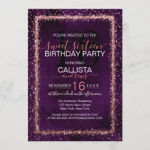 Violet Ro Guld Sprinkled Confetti Sweet 16 Inbjudningar