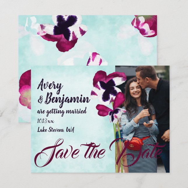 Violet Rosa Aqua Turcos Pansies Spara datumet Rådkort (Fram/baksida)