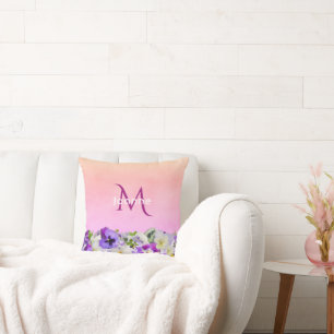 Violet rosa blommigts monogram namn kudde